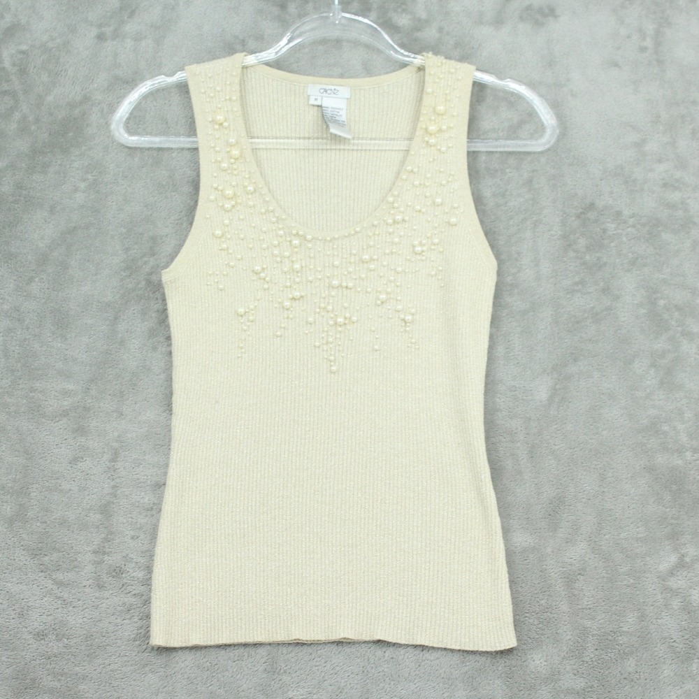 Vintage Cache Sweater Womens Medium Pearl Metallic Ribbed Knit 90s Fairy Fitted